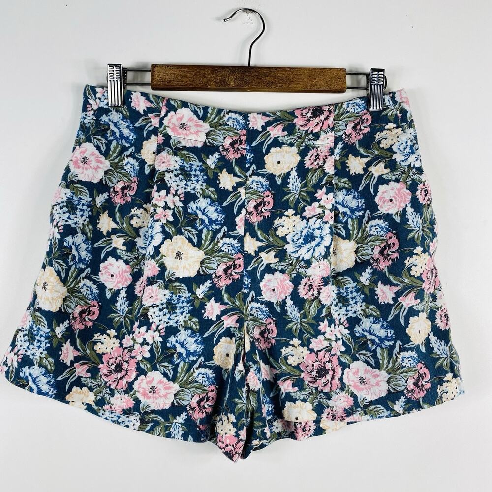 Ann Taylor LOFT Shorts Small Blue Floral Linen Blend Pull On Pockets
